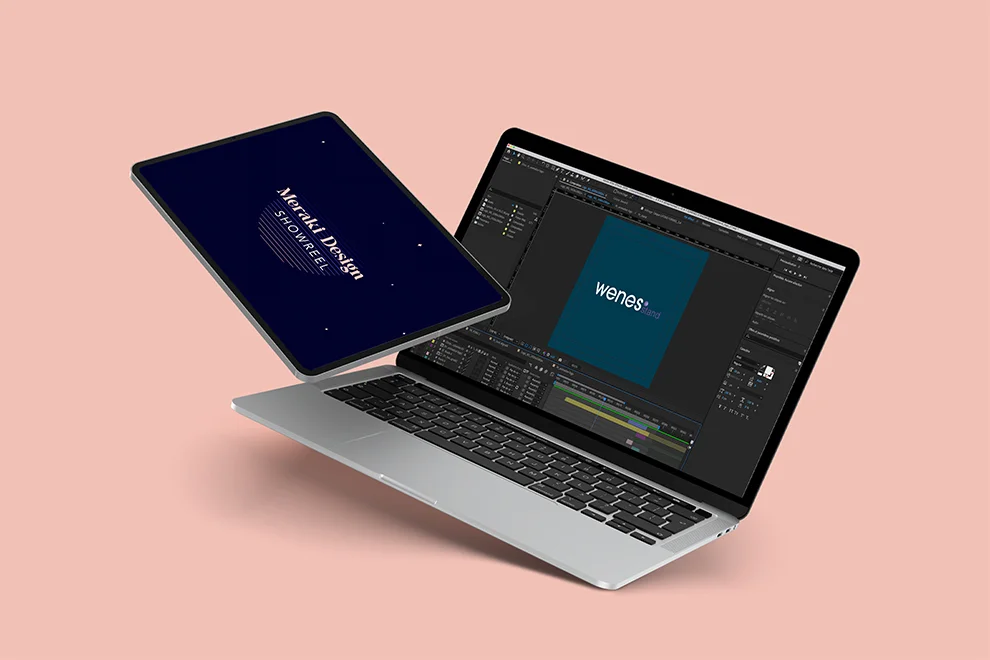 alt="Une tablette et un ordinateur montrant des pages d'after effects pour le motion design"