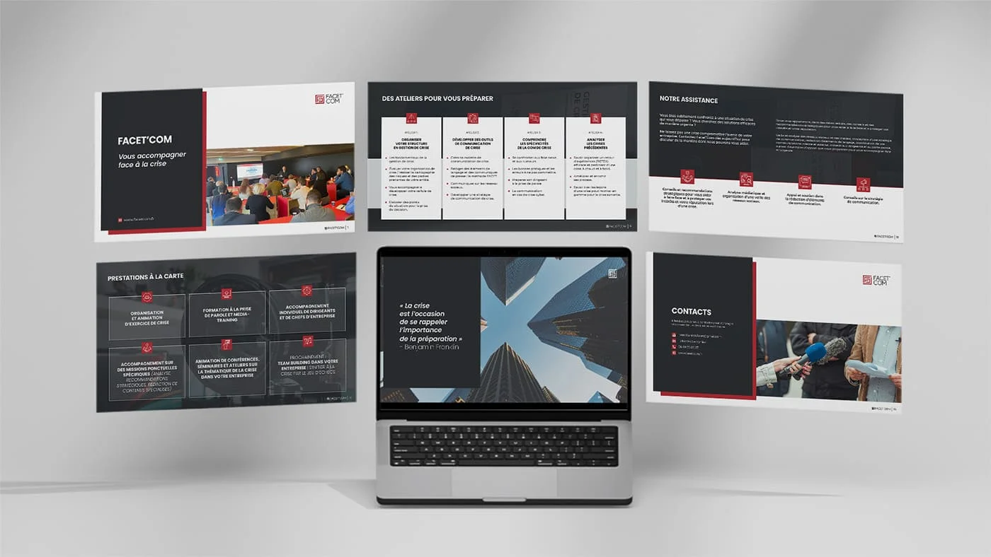 alt="Plaquette Facet'Com flottant autour d'un ordinateur portable"