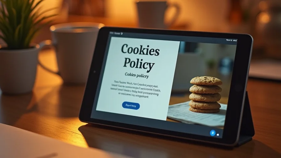 alt="Tablette posée sur une table sur laquelle on peut lire Politique de Cookies"