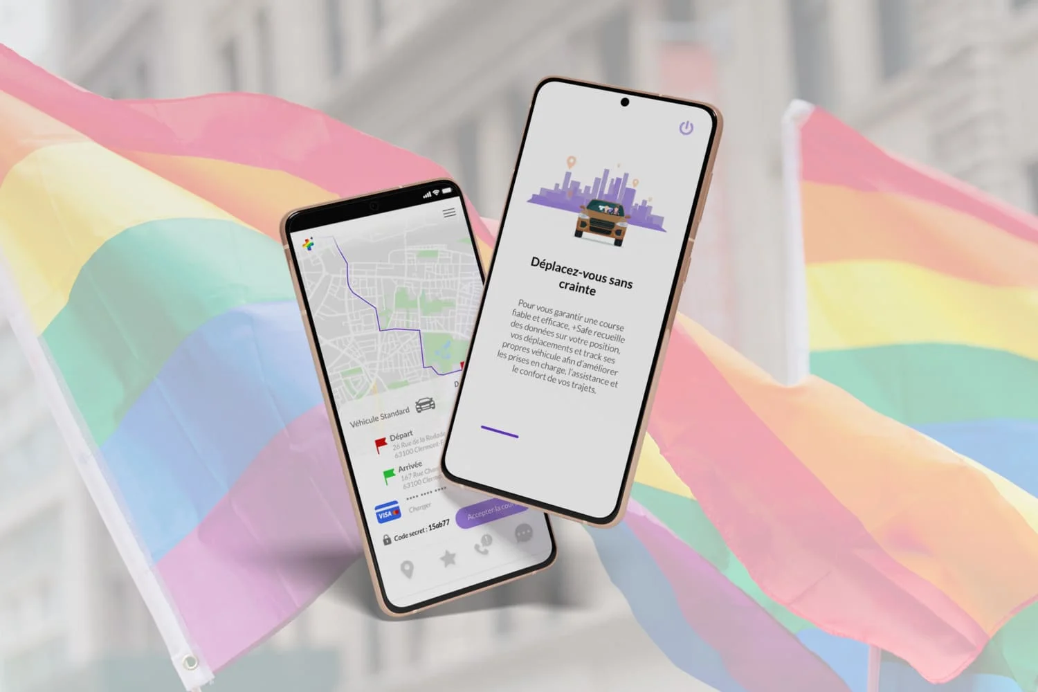 alt="Deux téléphones ouverts sur l'application mobile +SAFE"