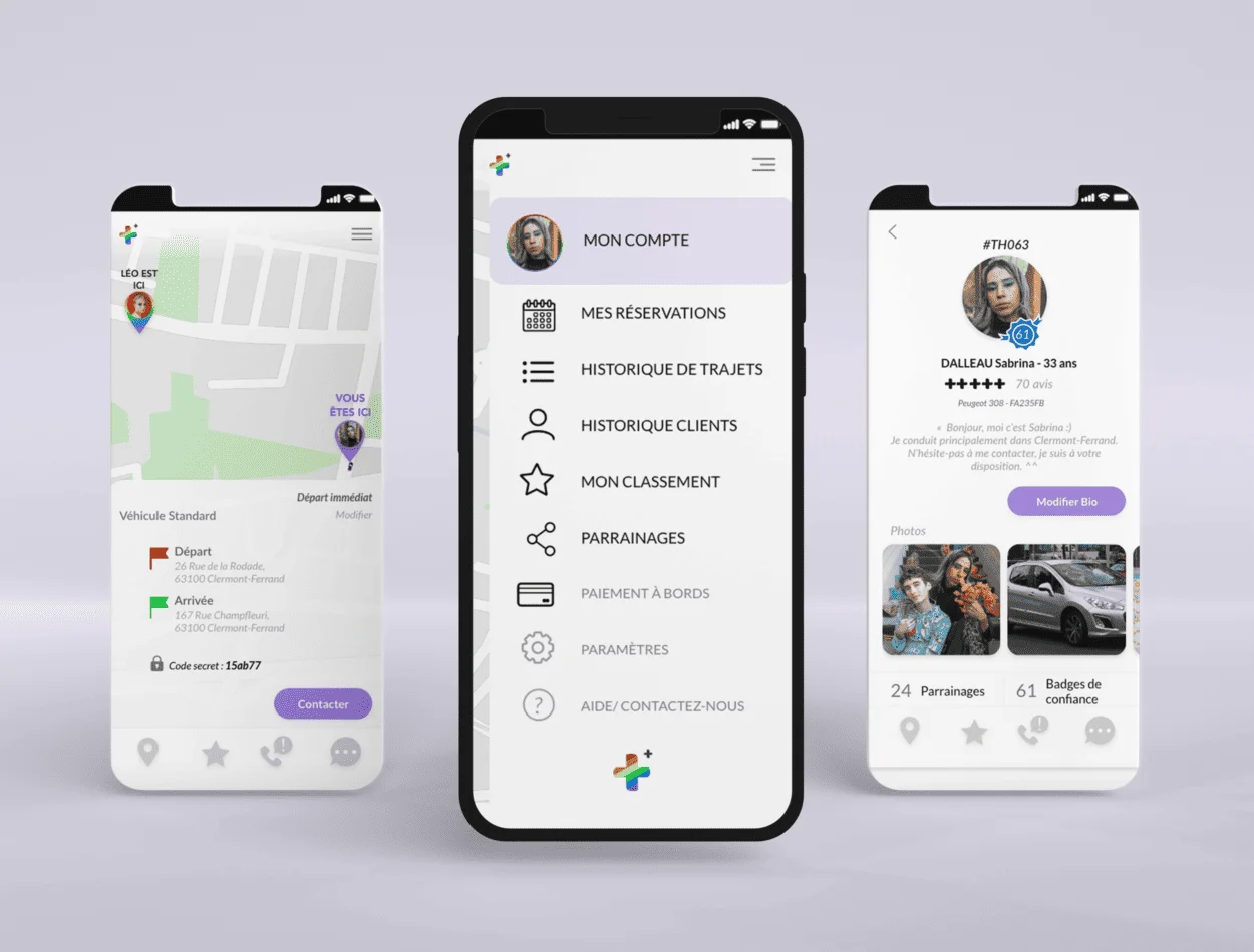 alt="Pages d'un chauffeur de l'application mobile de VTC +SAFE"