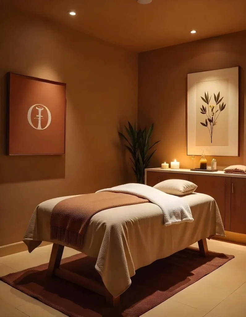 alt="Salle de massage zen comprenant un lit de massage, des bougies et des plantes"