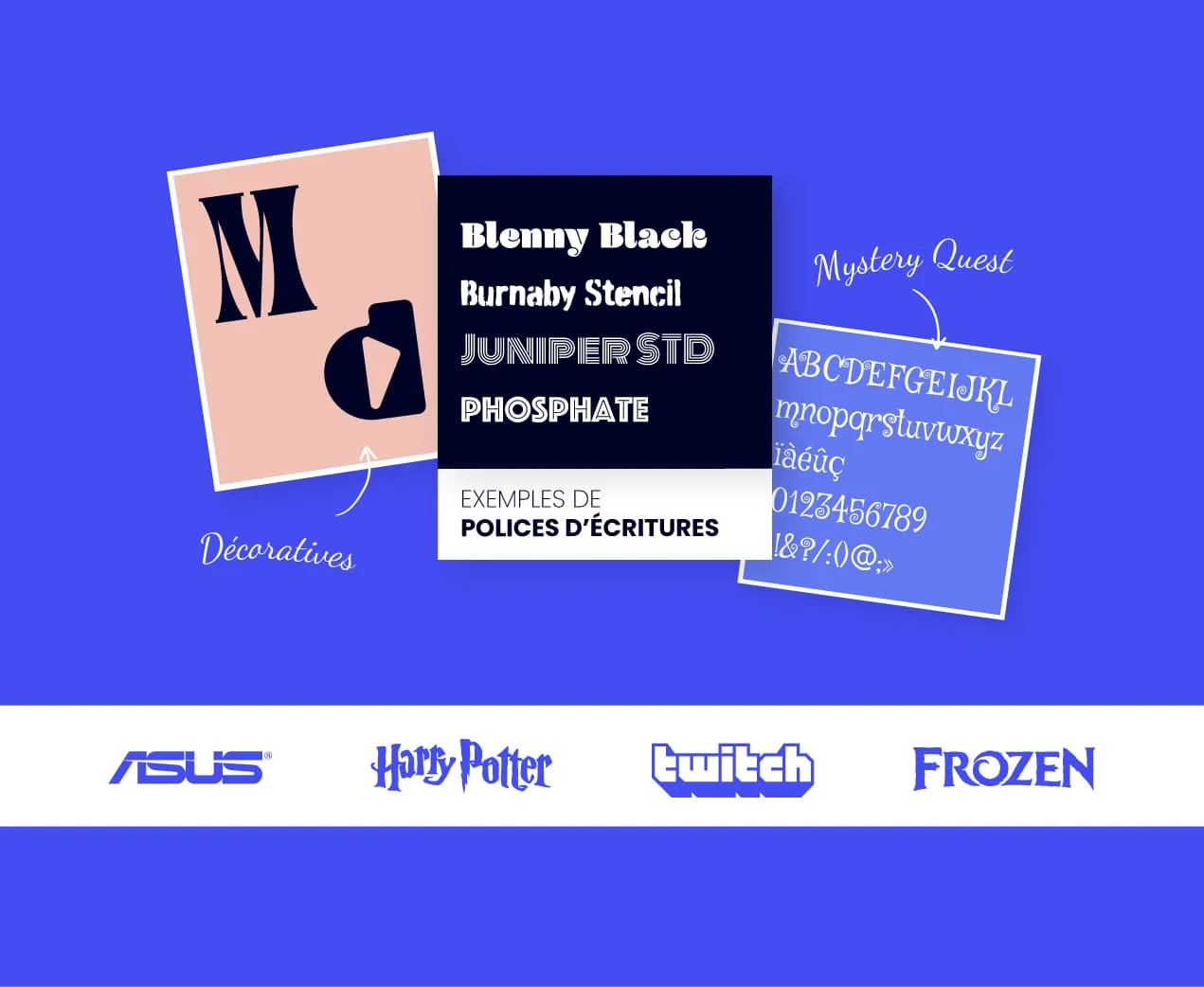 alt="Style de typo décoratives avec des exemples de logos (Asus, Harry Potter, Twitch, Frozen)"